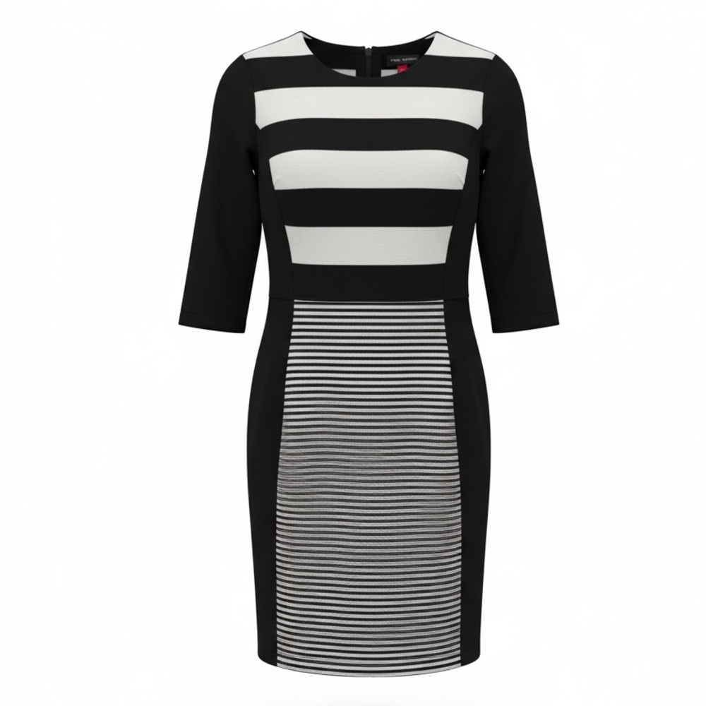 Vince Camuto Black and Cream Striped Long Sleeve Dress